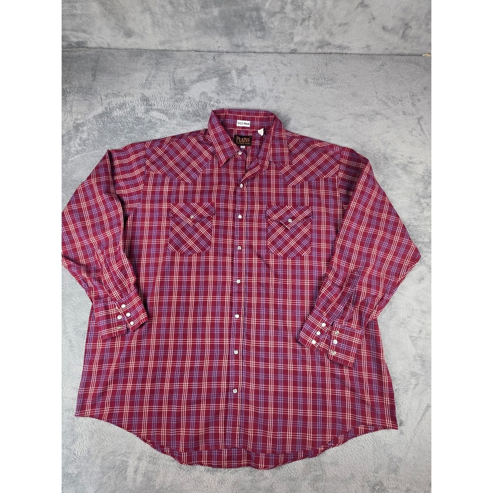 Plains Western Wear Big Man Plaid Burgundy Pearl Snap Long Sleeve Shirt Mens 2X